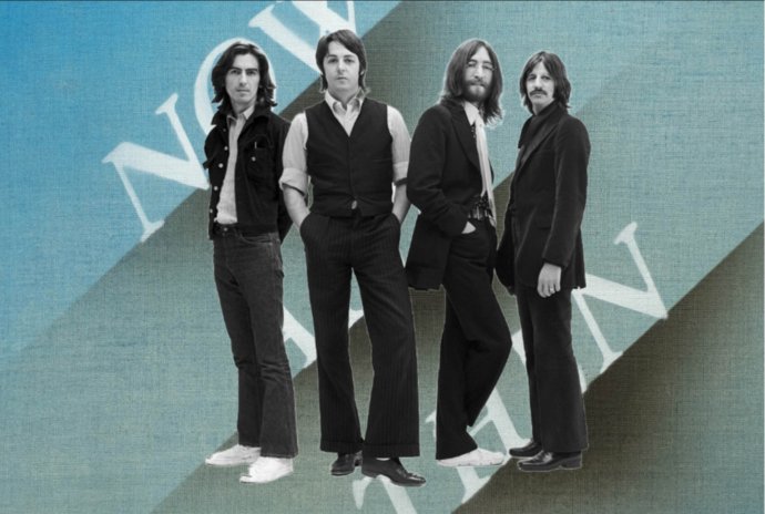 Beatles v roce 1969 a na pozadí vizuál nového singlu Now And Then. Foto: thebeatles.com