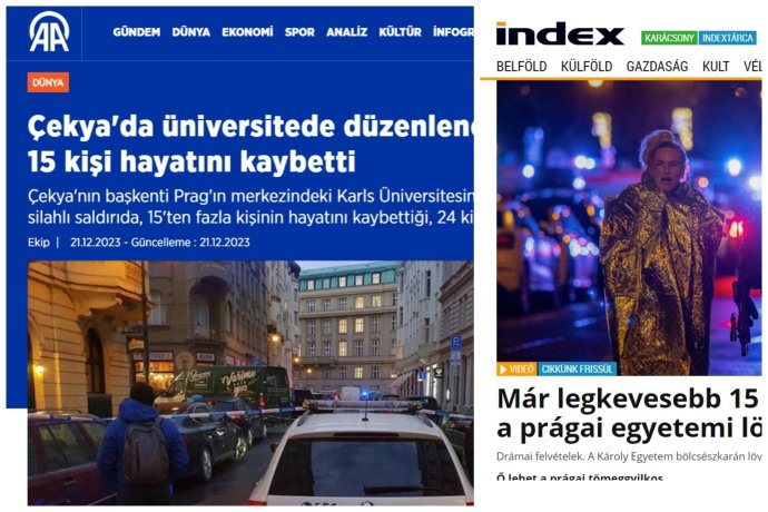 Stránka turecké agentury Anadolu a hlavní strana maďarského Index.hu