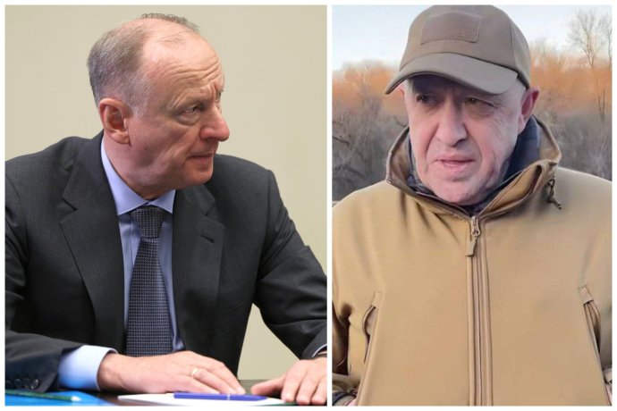 Tajemník Putinovy Bezpečnostní rady Nikolaj Patrušev a Jevgenij Prigožin. Foto: Kreml a Prigožinův Facebook, koláž Deník N