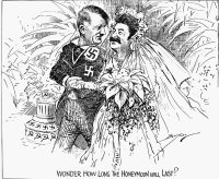 Dobová karikatura uveřejněná po uzavření paktu Molotov–Ribbentrop v roce 1939 v deníku Washington Star. Repro: Wikimedia Commons
