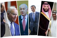 Představitelé zemí, které vyjednávají o poválečném řešení v Gaze a mezi Izraelem a Palestinci. Egyptský prezident Sísí, americký prezident Biden, izraelský premiér Netanjahu, katarský premiér al-Thání, saúdský korunní princ bin Salmán a prezident SAE al-Nahján. Na snímku nejsou jordánský král Abdulláh a představitelé Palestinců, kteří se také na jednáních podílejí. Koláž: Deník N