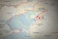 Mapový zákres místa pádu letadla, který zveřejnila ukrajinská vojenská rozvědka HUR. Nejbližší ukrajinské pozemní pozice jsou vzdálené 180 kilometrů. Foto: HUR