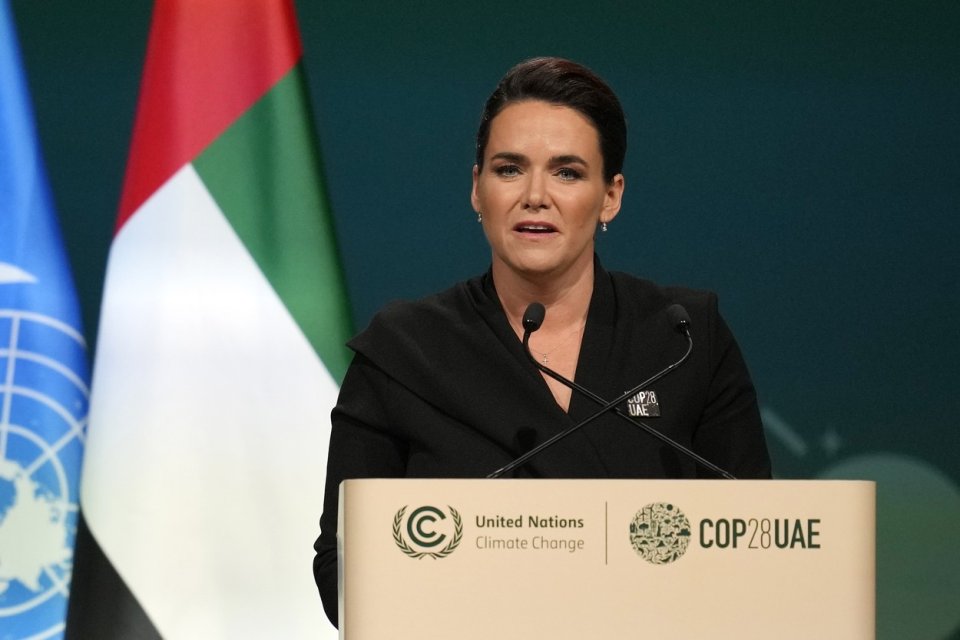 Katalin Novák při zasedání na COP28 summitu OSN o klimatu v prosinci 2023 v Dubaji. Foto: Rafiq Maqbool, AP/ČTK