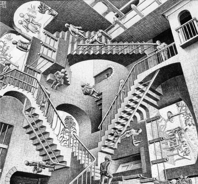 Mnohokrát v dějinách se stejně jako nyní na Blízkém východě jakoby ocitáme v obrazech Mauritse Cornelise Eschera, v nichž se bortí perspektiva: co je pro jedny právo, je pro druhé bezprávím a naopak. Repro: Deník N