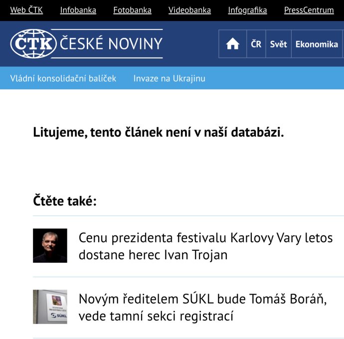 ČTK, na jejímž webu se na několik minut dezinformace objevila, text odstranila. Reprofoto: České noviny
