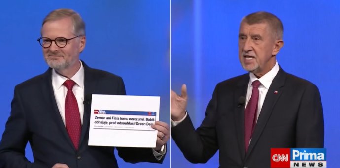 Petr Fiala v debatě s Andrejem Babišem na televizi CNN Prima News. Foto: Reprofoto CNN Prima News
