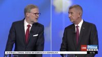 Petr Fiala a Andrej Babiš v duelu na CNN Prima News. Foto: repro TV Prima