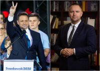 Kandidáti pro polské prezidentské volby: vládní kandidát a primátor Varšavy Rafal Trzaskowski (v kampani v roce 2020) a předseda Institutu národní paměti, jehož podporuje strana PiS, Karol Nawrocki. Foto: Gabriel Kuchta, Deník N a IPN, koláž: Deník N