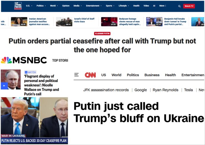 Výběr z amerických médií k Trumpovu telefonátu s Putinem. Koláž: Deník N