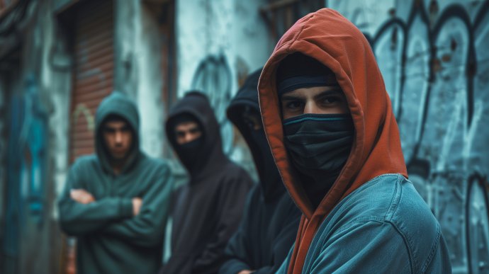 Mladíci v kapucích a maskách. Ilustrační foto: Domingo, Adobe Stock