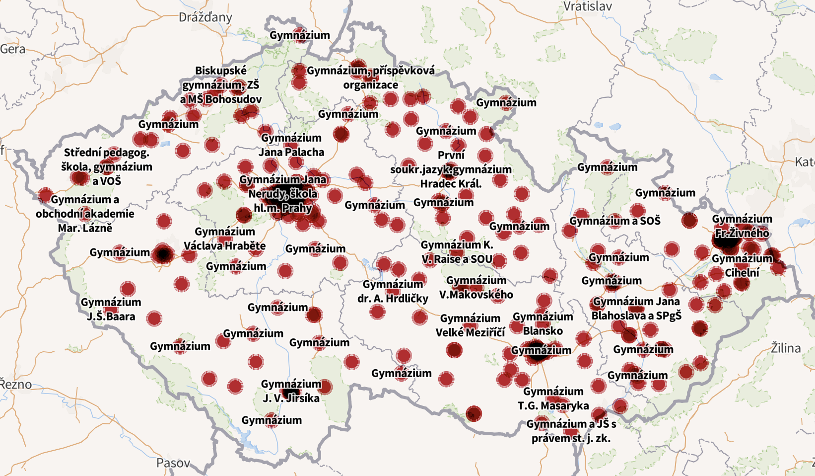 Mapa: Na která čtyřletá gymnázia bylo nejtěžší a naopak nejsnazší se dostat?