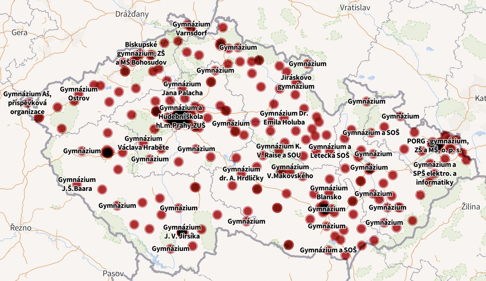 Interaktivní mapa: Kolik bodů bylo potřeba na osmiletém gymnáziu, kam se hlásilo vaše dítě?