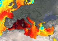Teplotní anomálie ve Středozemním moři. Grafika: NOAA