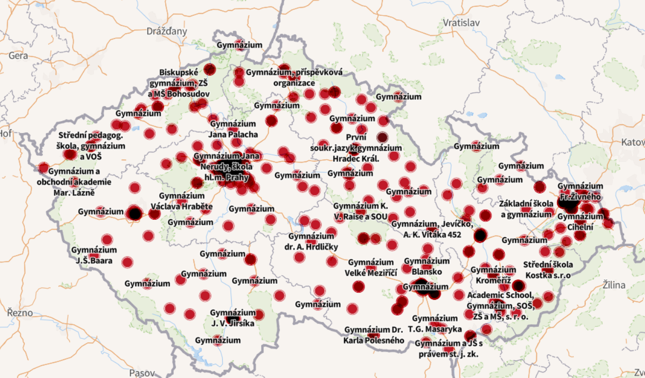 Mapa: Na která čtyřletá gymnázia bylo nejtěžší a naopak nejsnazší se dostat?